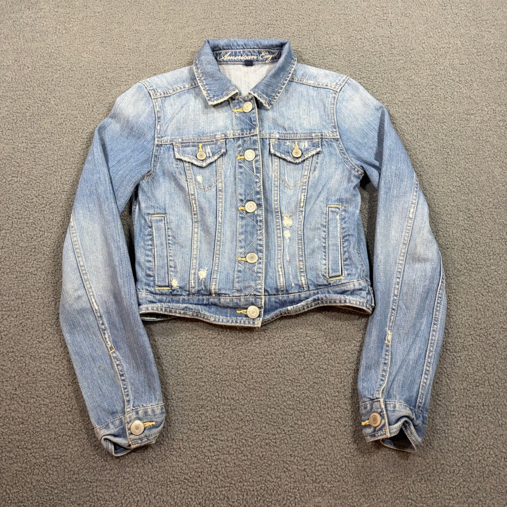 American Eagle Denim Jacket Womens Small Blue Distressed Cropped Trucker 8565